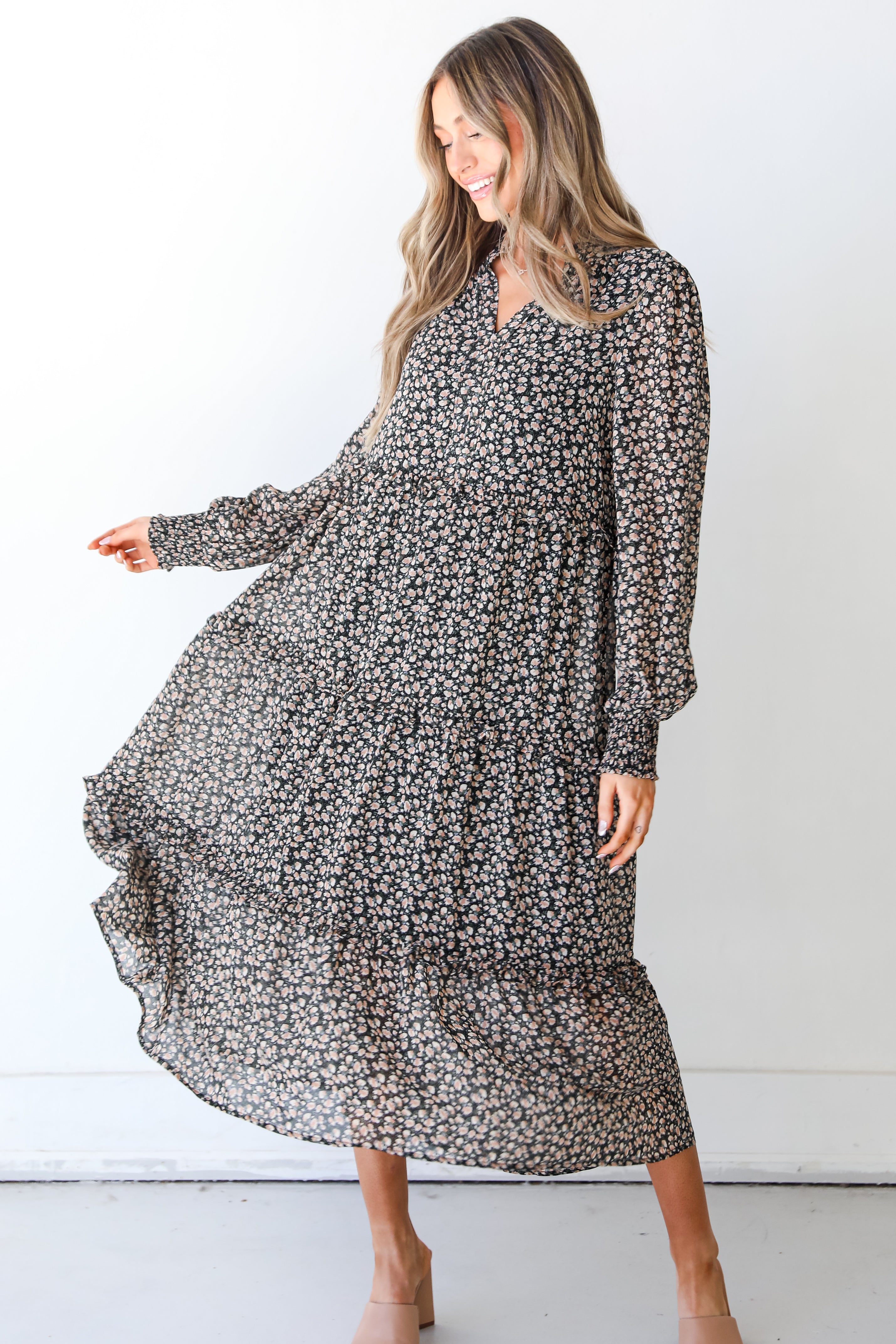 black Floral Midi Dress front view