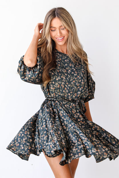 green Floral Mini Dress on model