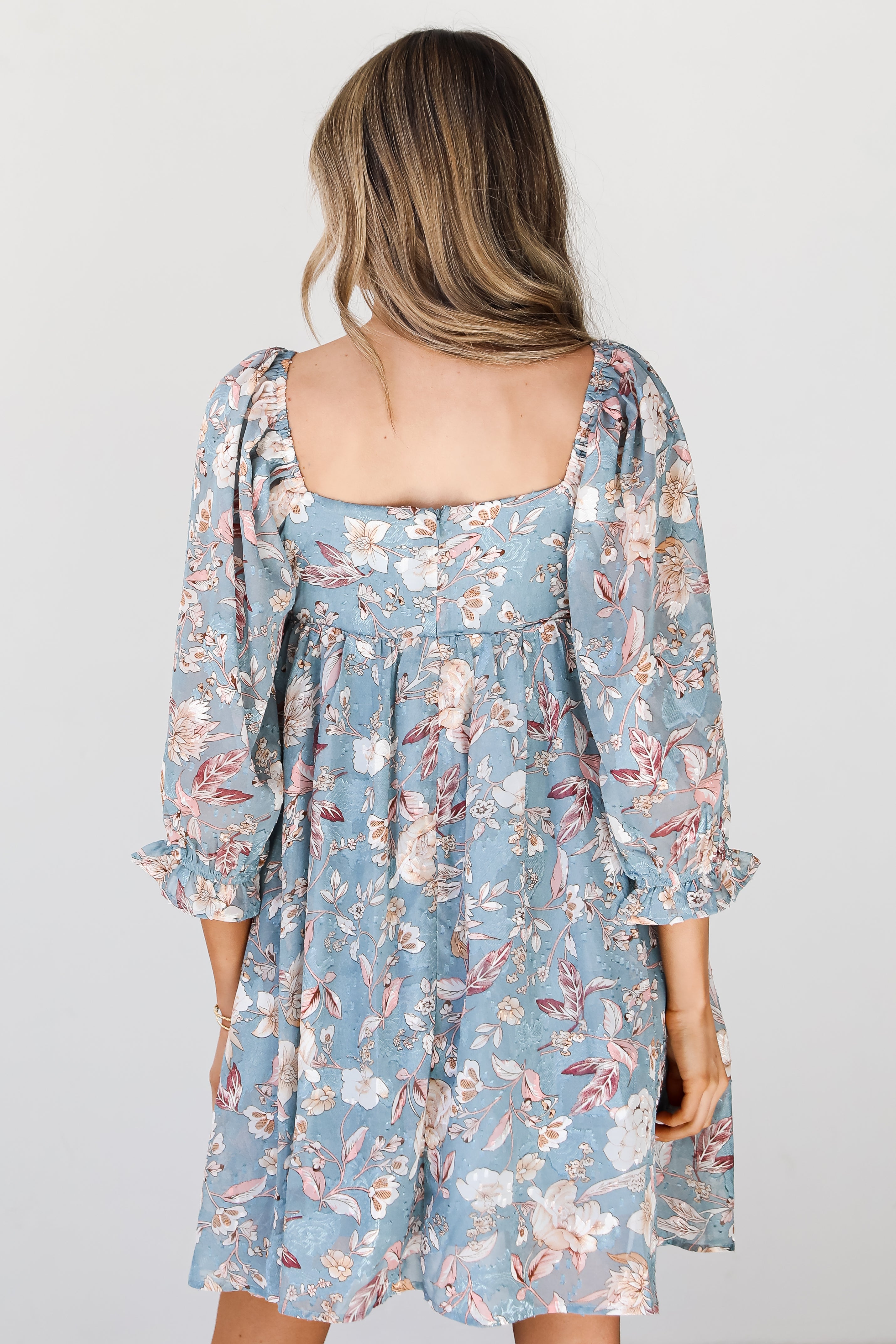 blue Floral Babydoll Mini Dress back view
