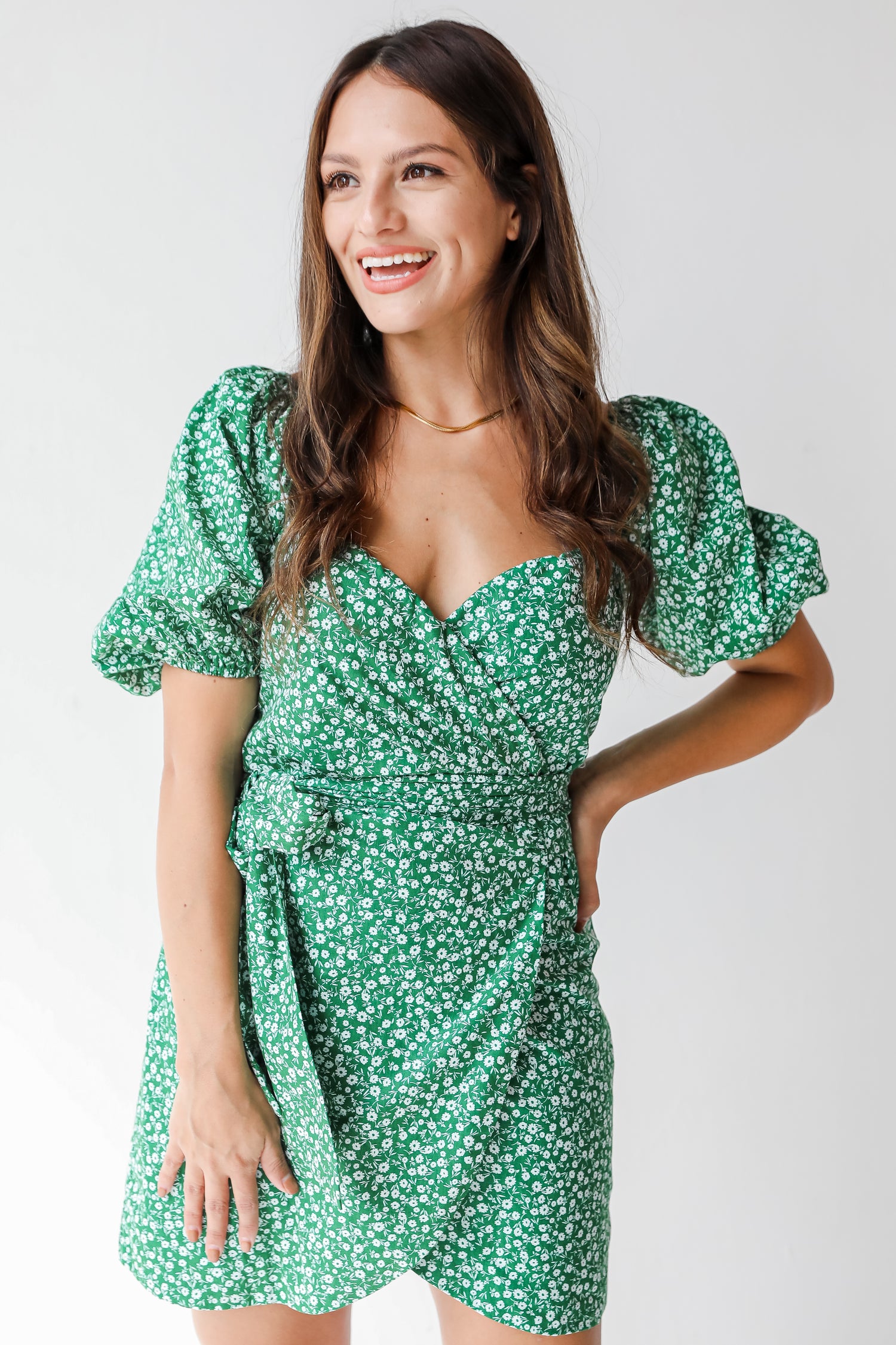 green floral mini dress
