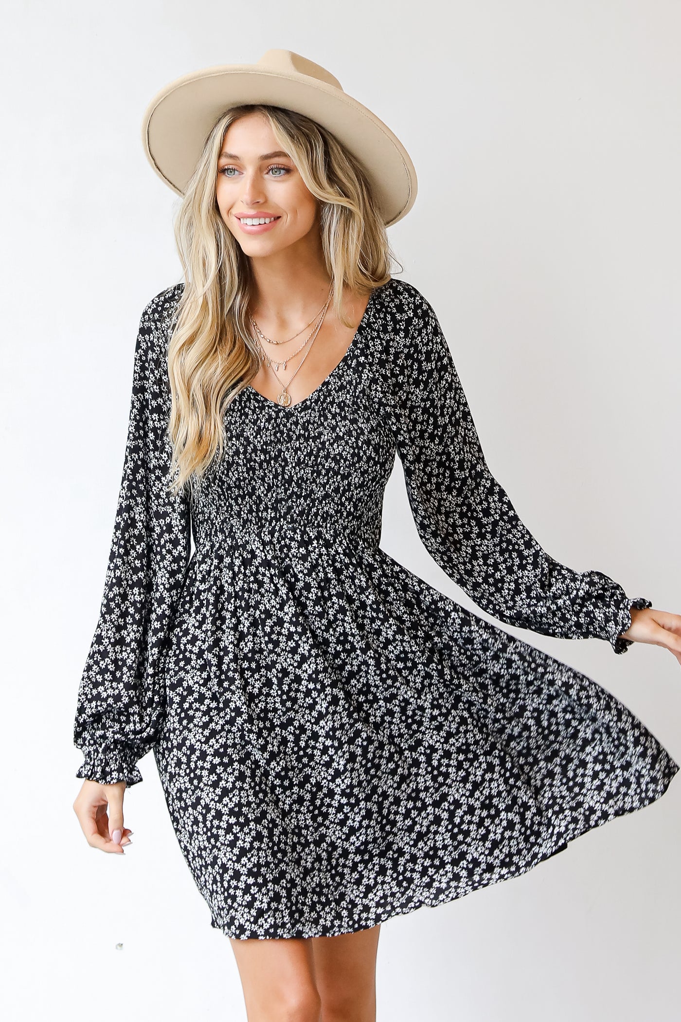 Model Wearing Floral Dress And Hat 