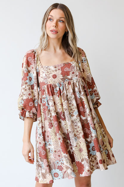 Floral Babydoll Mini Dress on dress up model