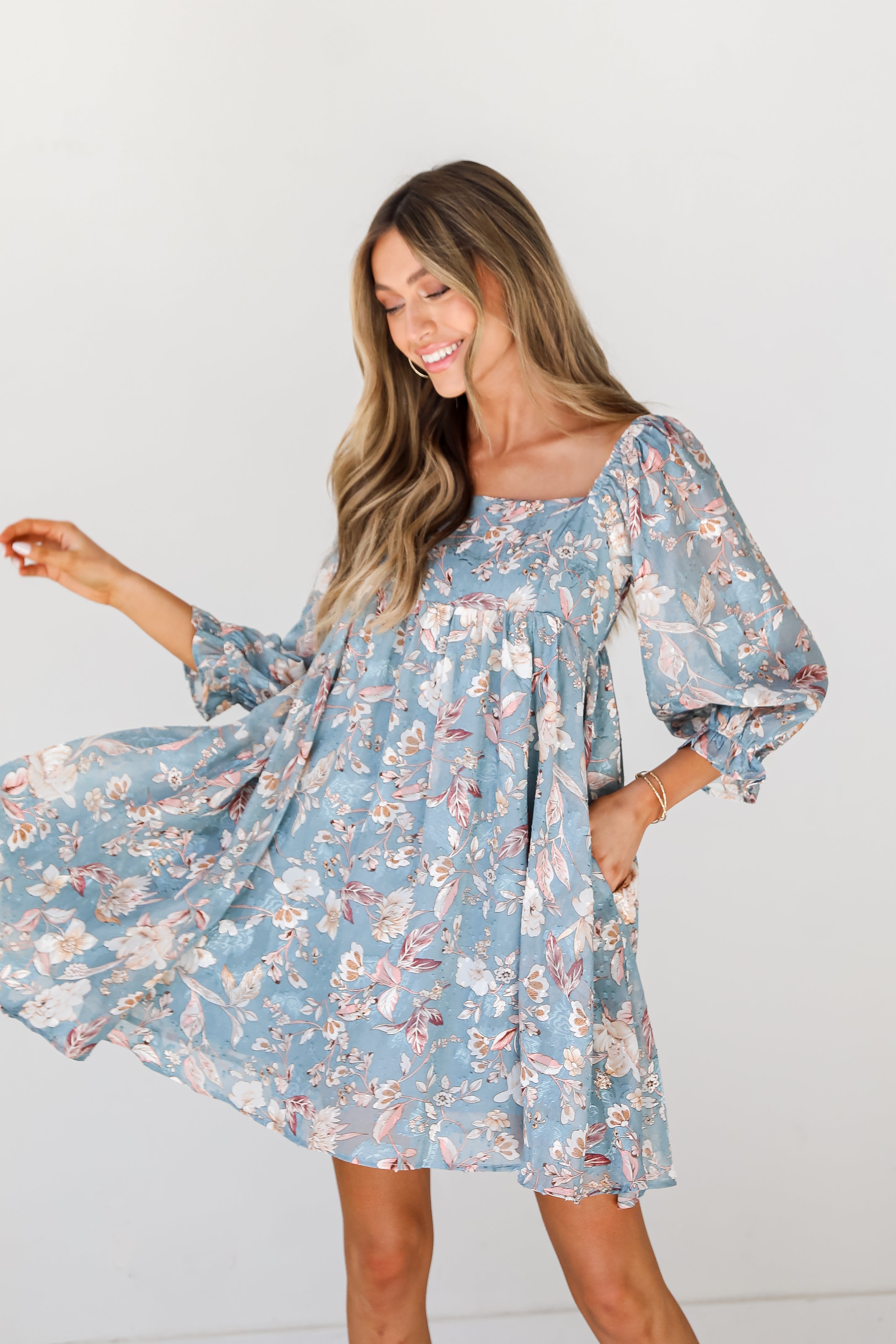 blue Floral Babydoll Mini Dress front view