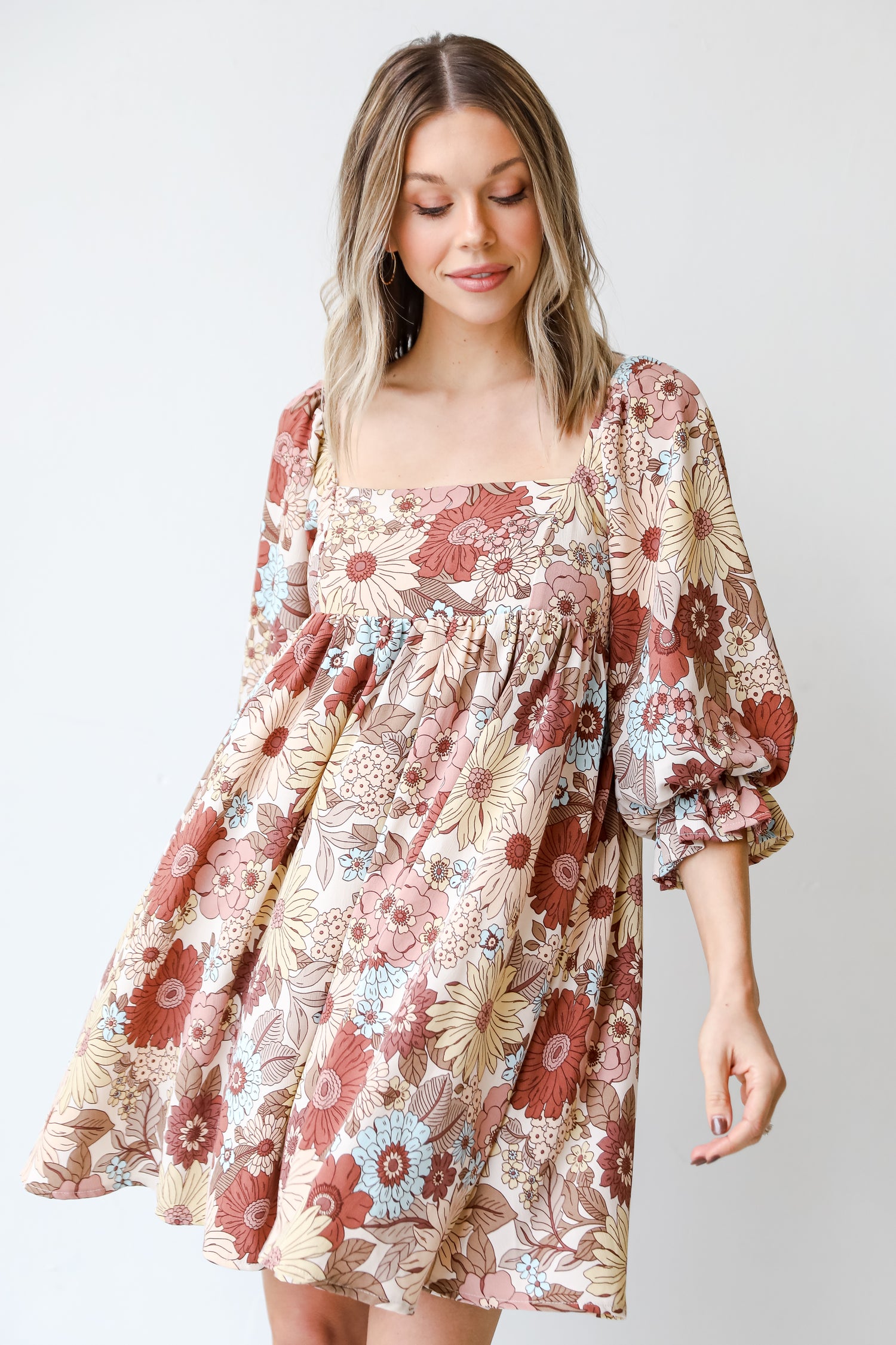 Floral Babydoll Mini Dress on model