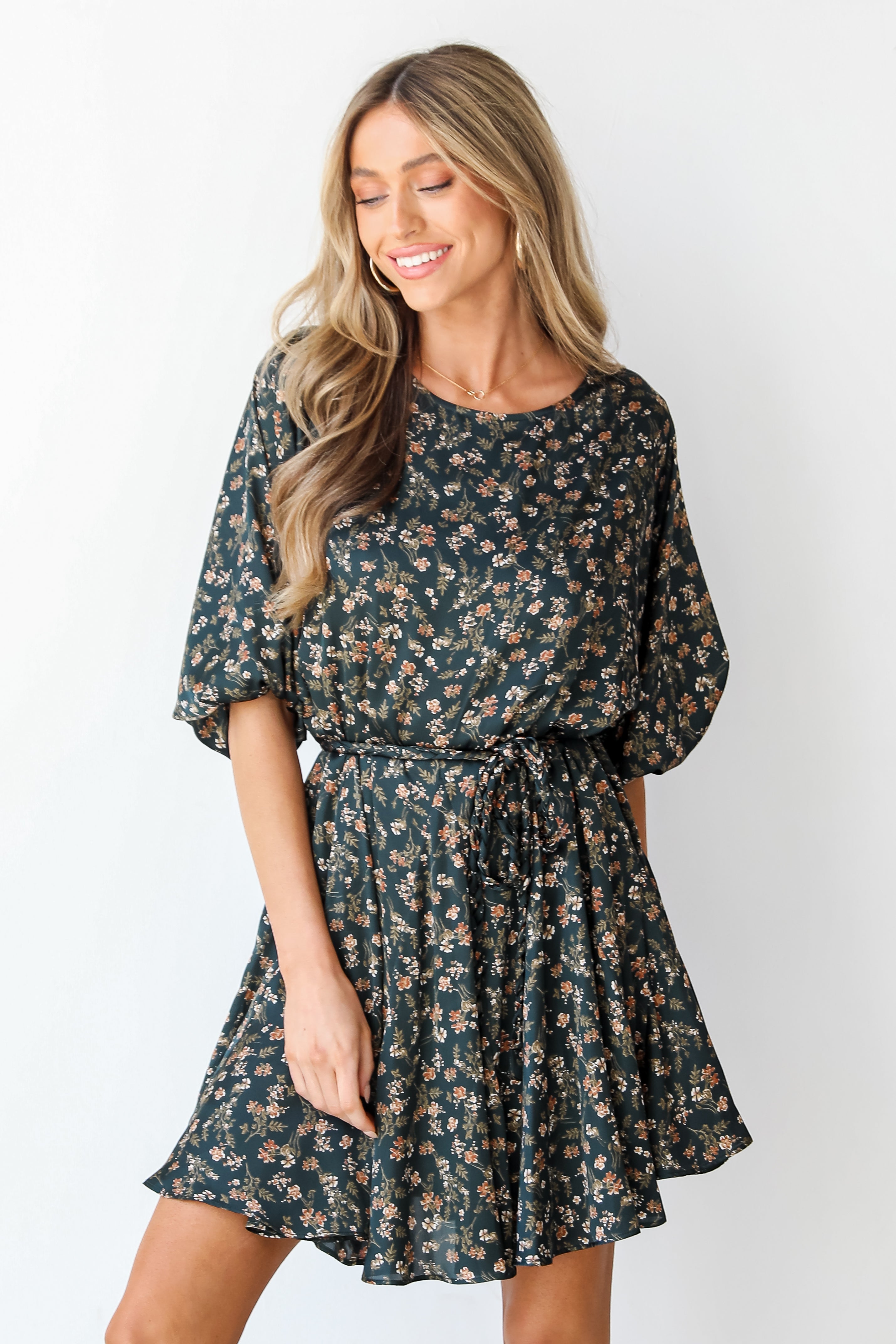 green Floral Mini Dress on dress up model