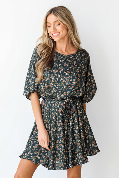 green Floral Mini Dress on dress up model