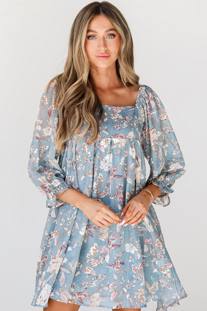 blue Floral Babydoll Mini Dress on model
