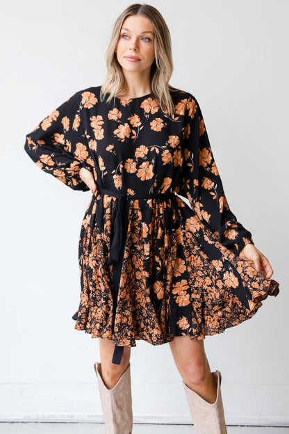 black Floral Mini Dress on model