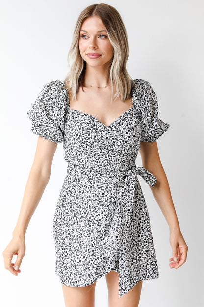 black floral wrap dress