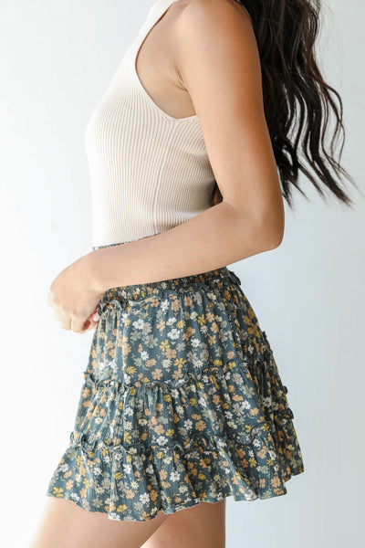 Floral Tiered Mini Skirt in teal side view