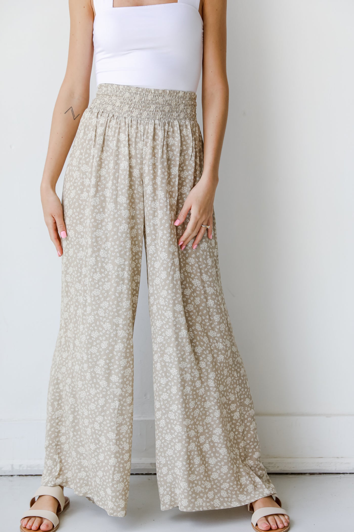 Floral Wide Leg Pants in taupe front view