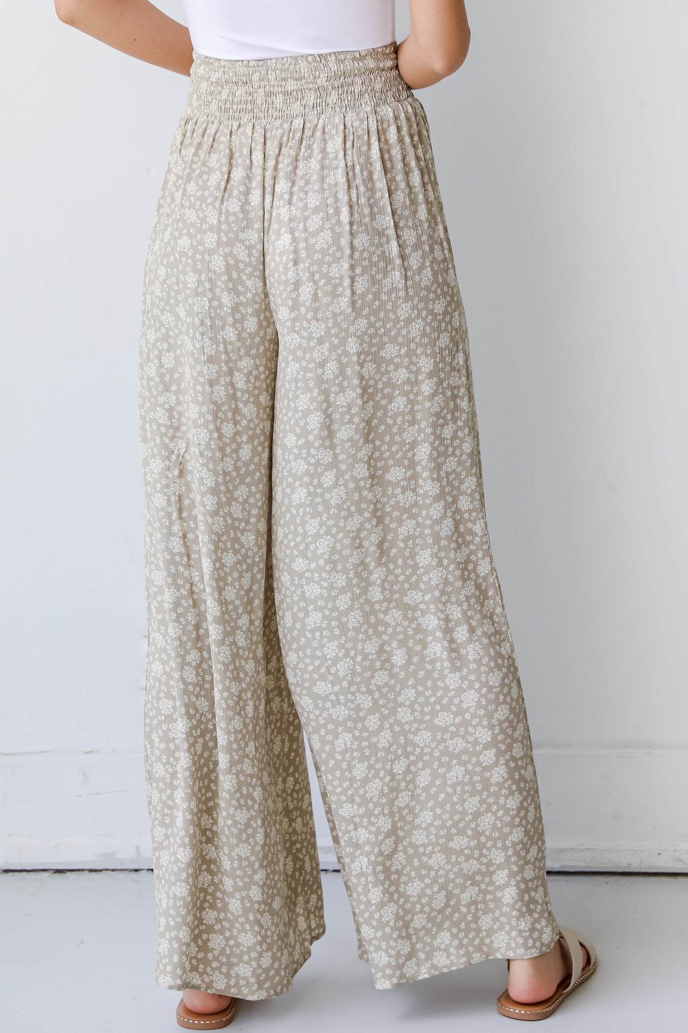 Floral Wide Leg Pants in taupe back view