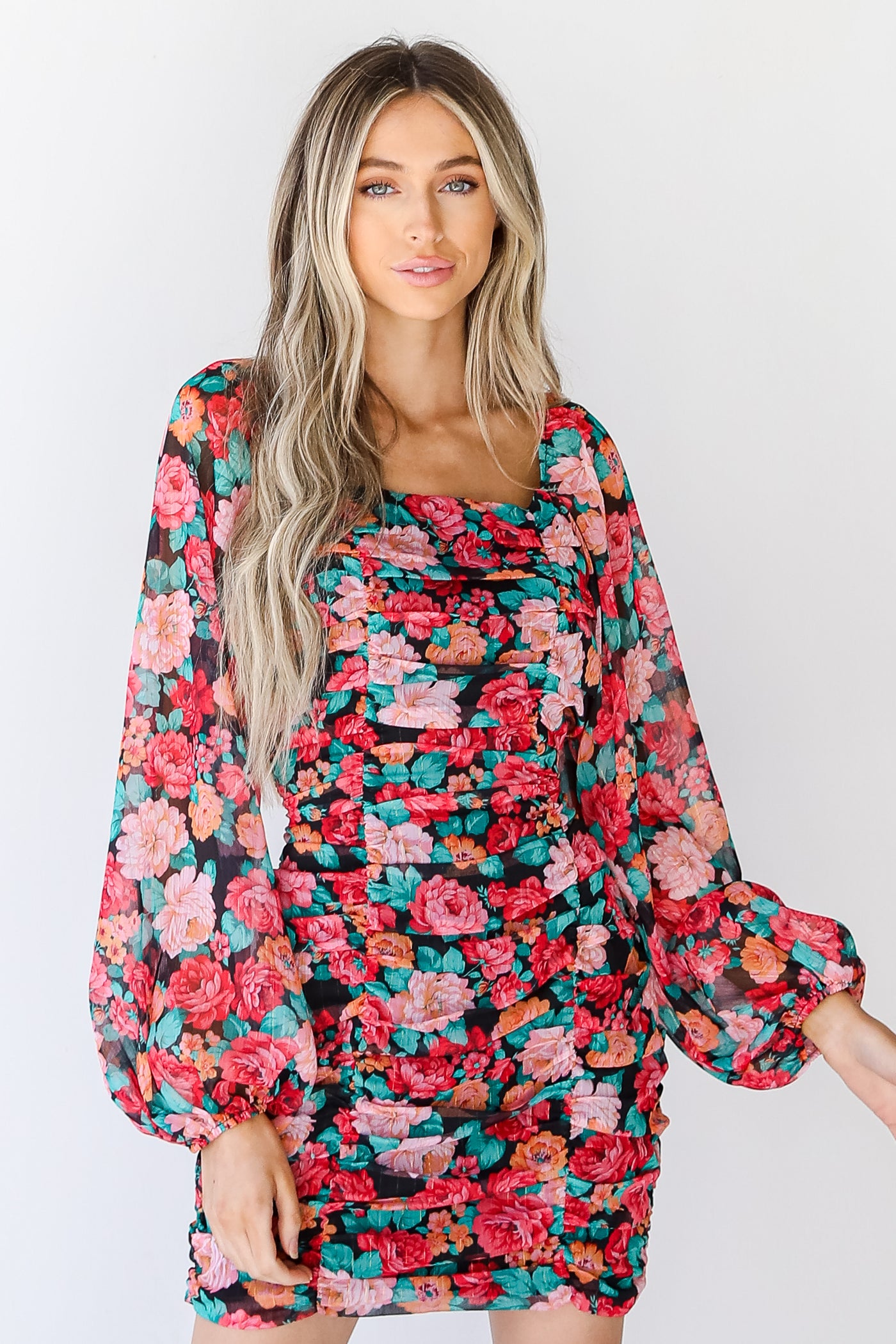 Floral Ruched Mini Dress front view