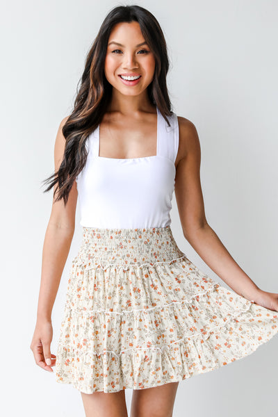 Floral Tiered Mini Skirt in ivory on model