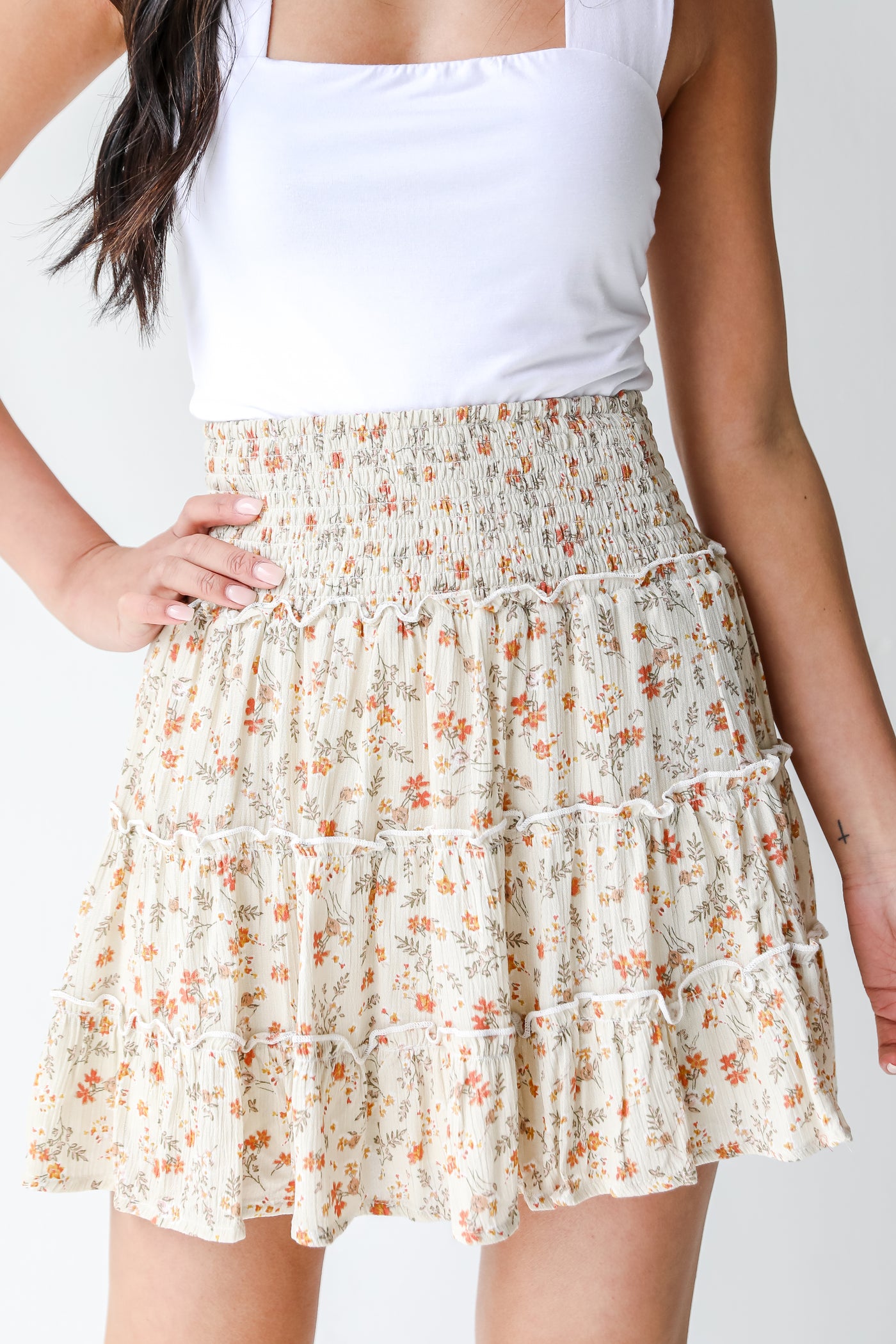 Floral Tiered Mini Skirt in ivory