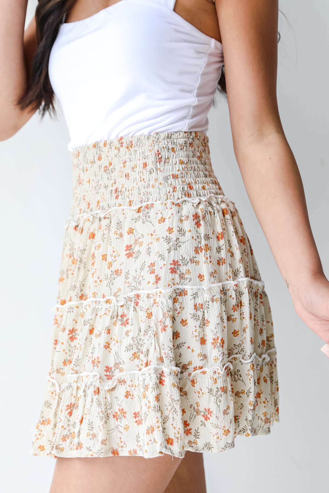 Floral Tiered Mini Skirt in ivory side view