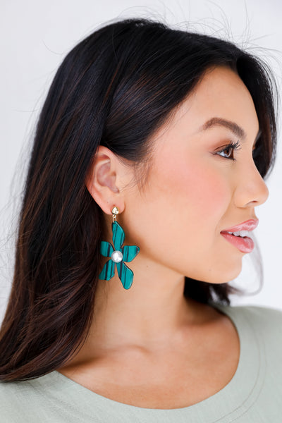 green Flower Statement Earrings on model