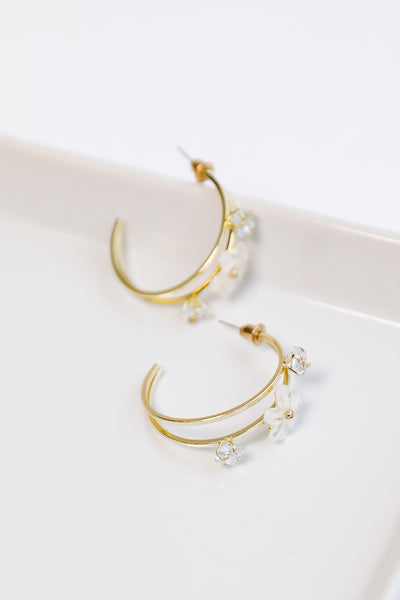 Gold Flower + Rhinestone Hoop Earrings close up