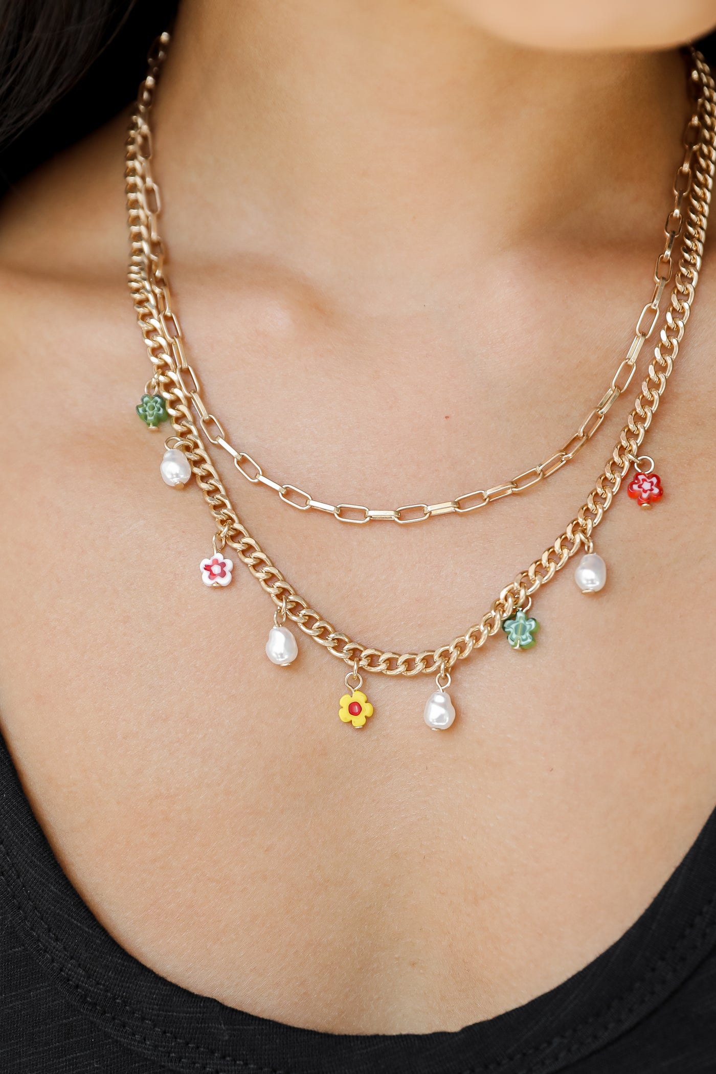 Gold Flower + Pearl Layered Necklace