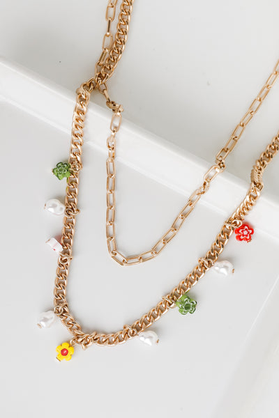 Gold Flower + Pearl Layered Necklace from dress up