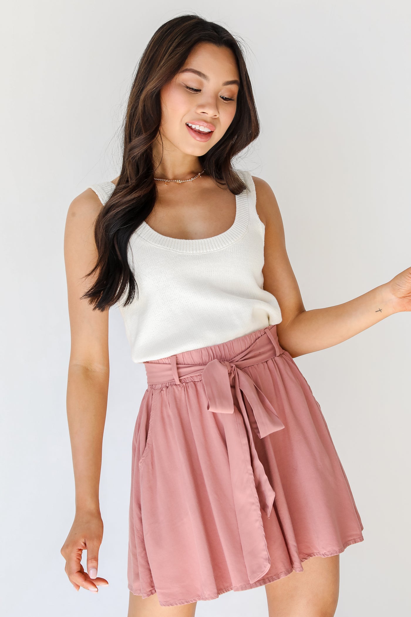 Shorts in mauve on model