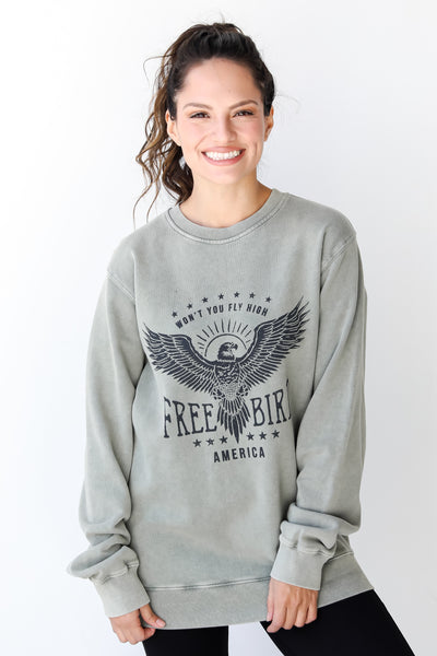 olive Free Bird Eagle Pullover front view