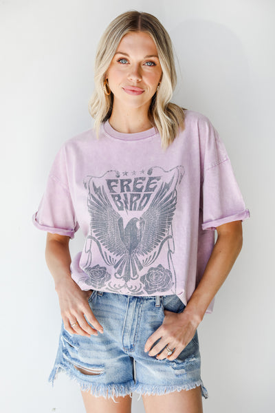 Free Bird Acid Washed Tee in lavender on model