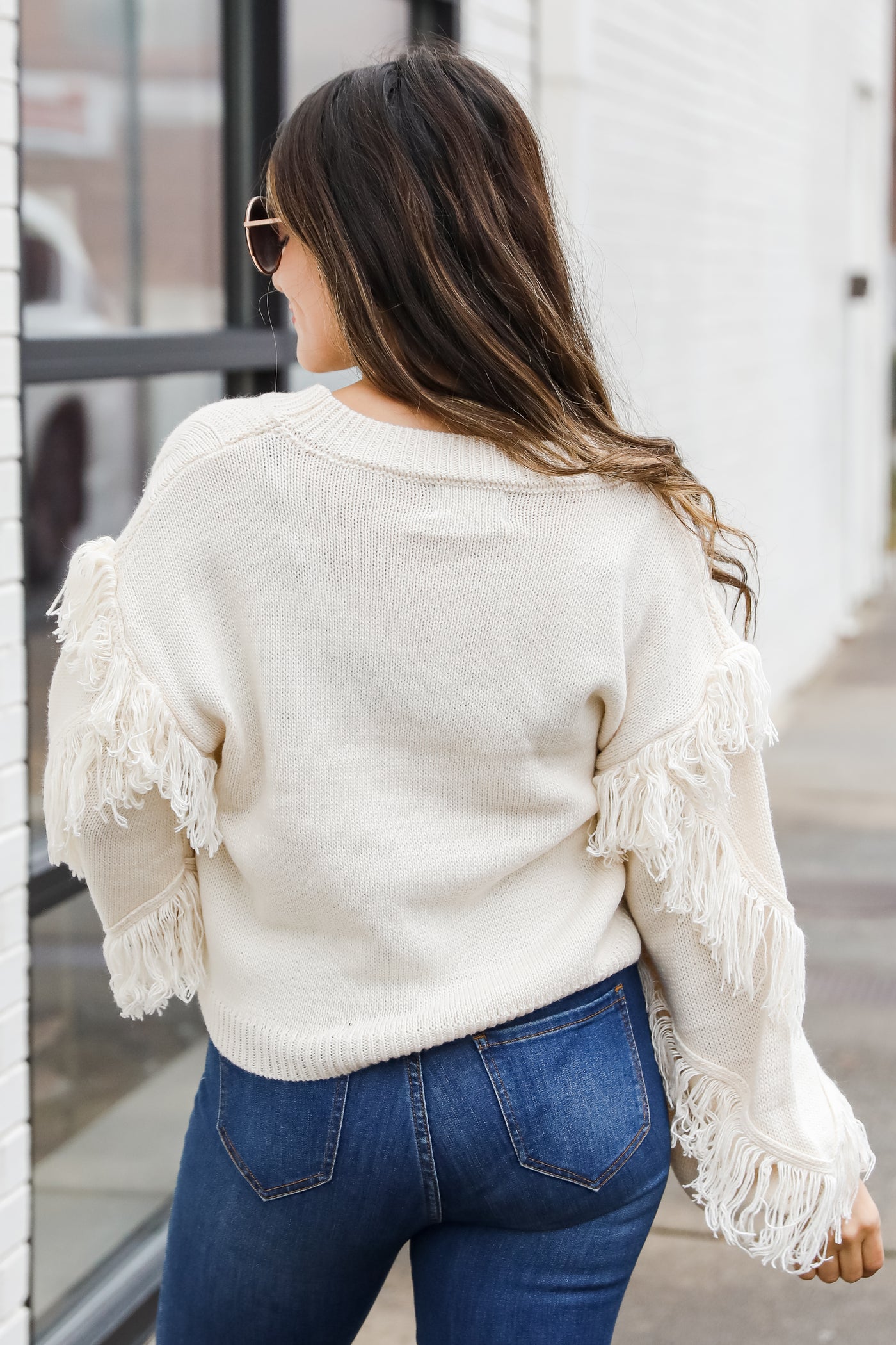 Fringe Cable Knit Sweater back view