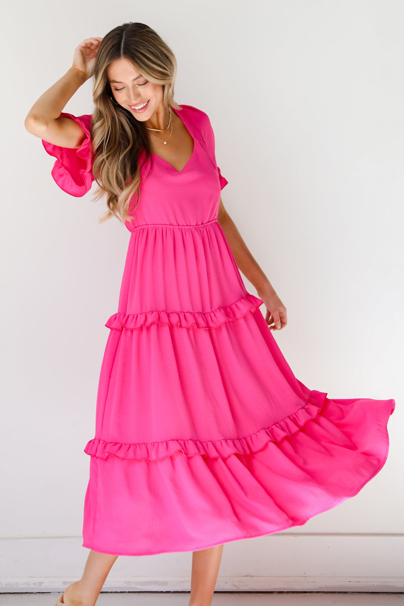 pink Tiered Midi Dress