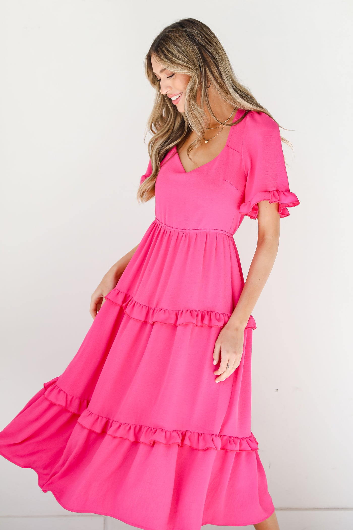 pink Tiered Midi Dress on dress up model