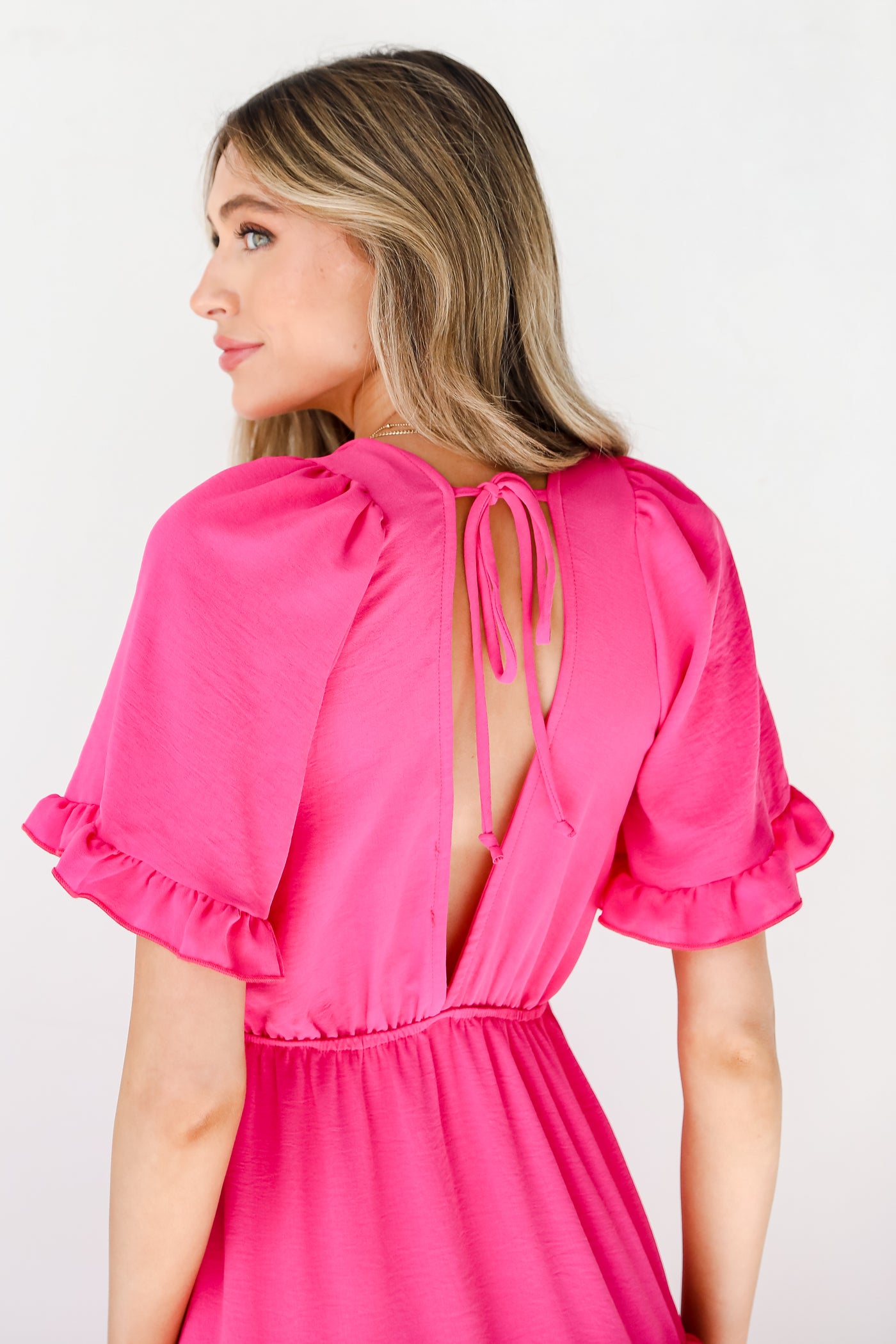 pink Tiered Midi Dress back view close up