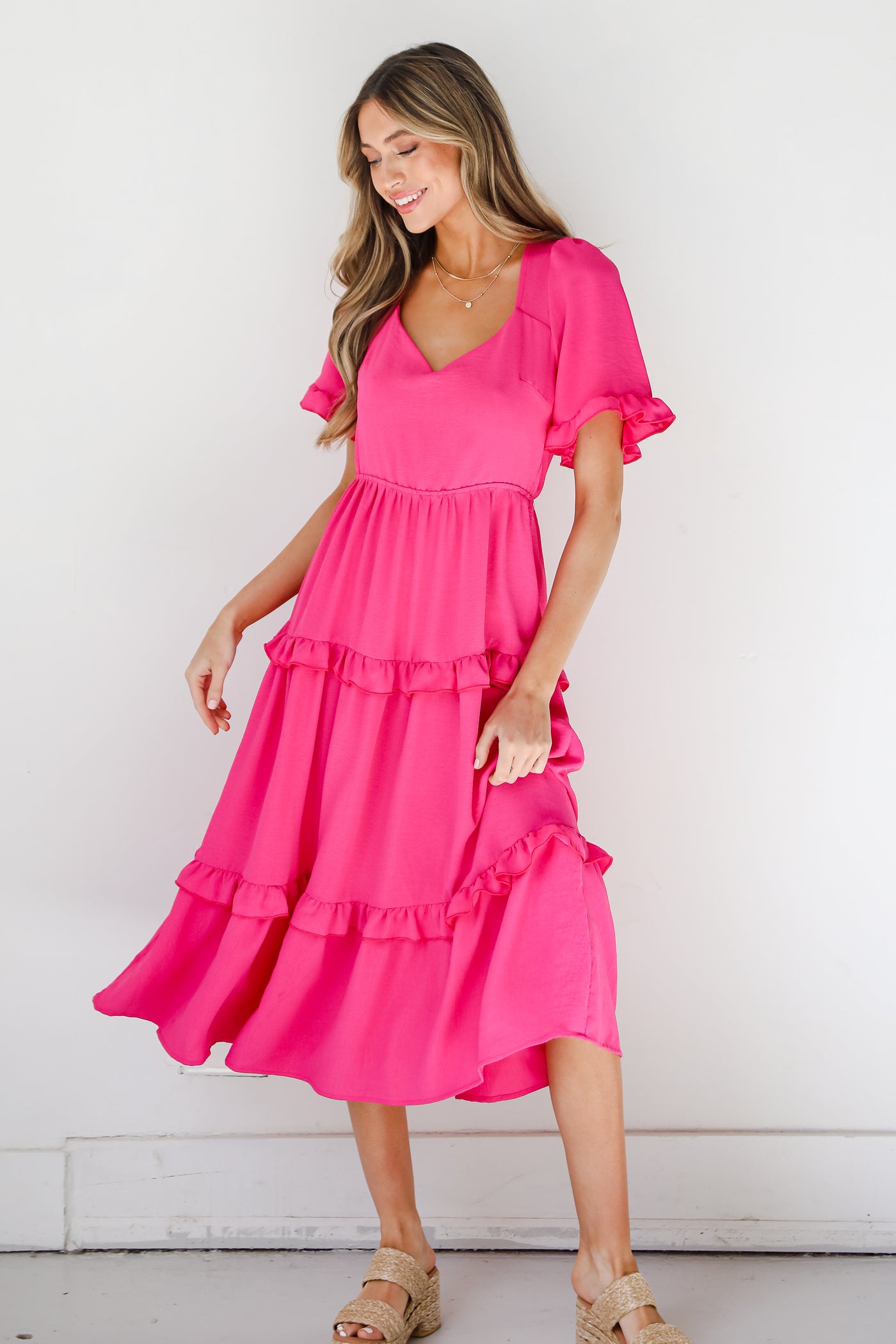 pink Tiered Midi Dress on  model