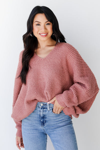 mauve Fuzzy Knit Sweater front view