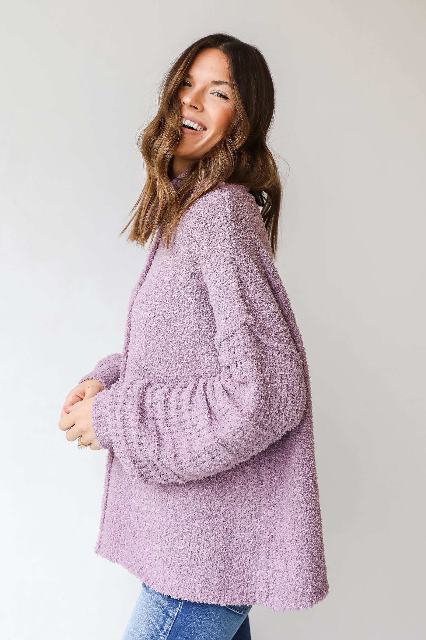 Fuzzy Knit Sweater in lilac side view