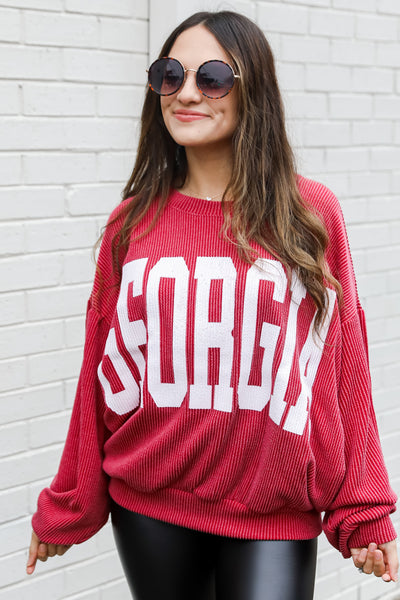 red Georgia Corded Pullover on model