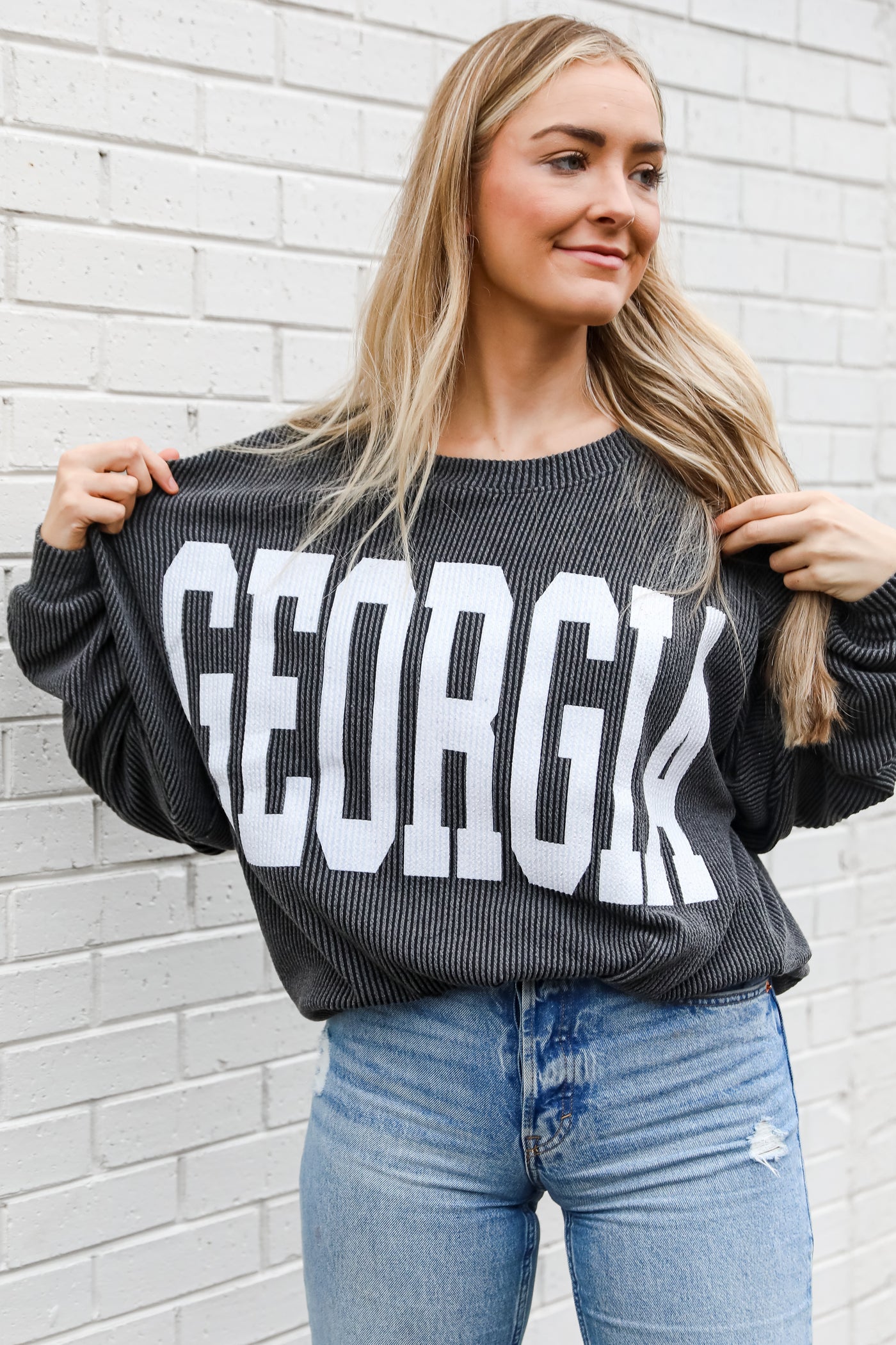 black Georgia Corded Pullover on model