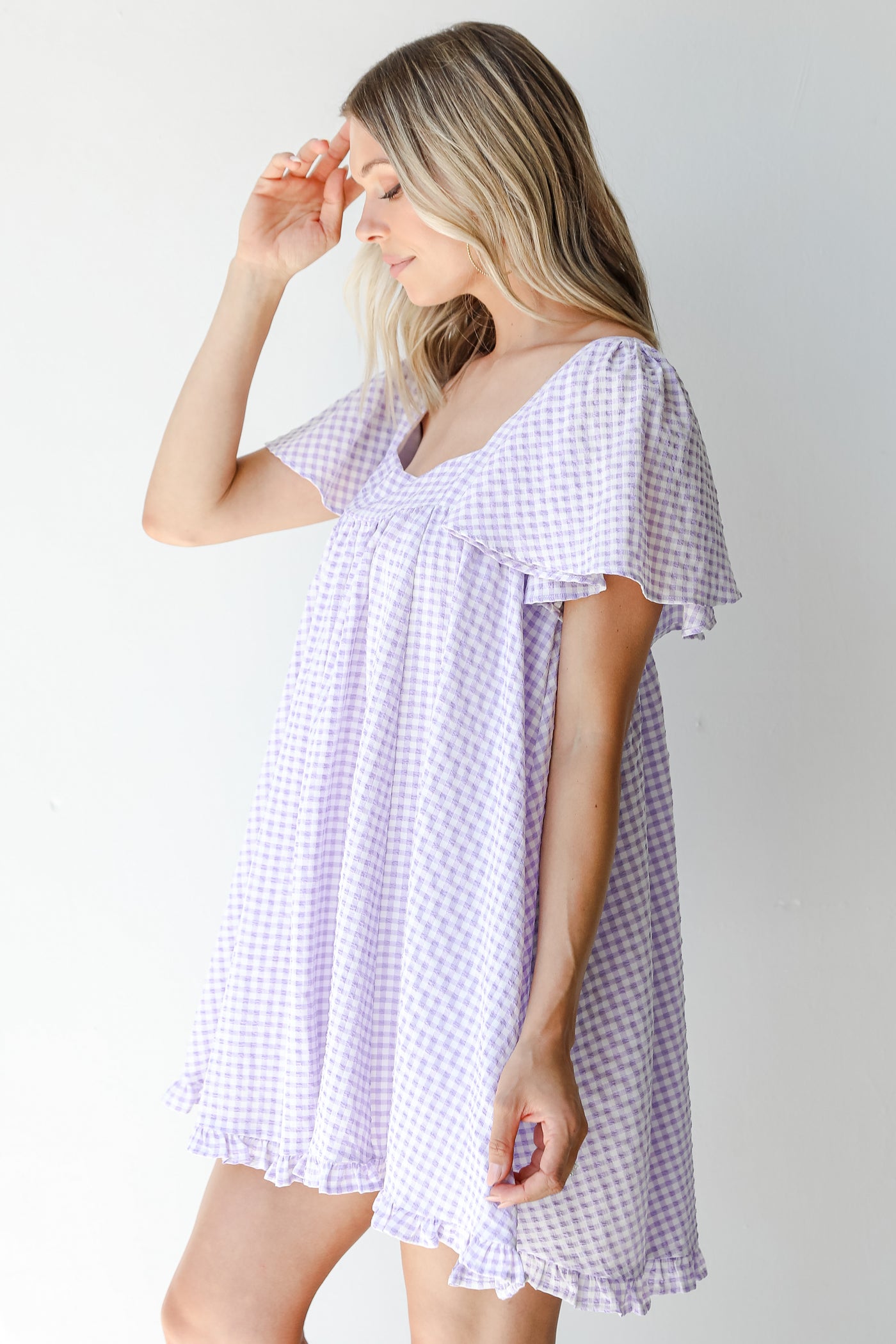 Gingham Mini Dress in lavender side view