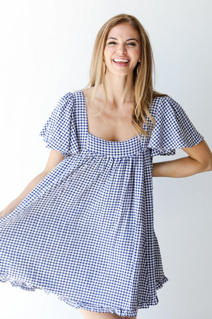Gingham Mini Dress in navy on model