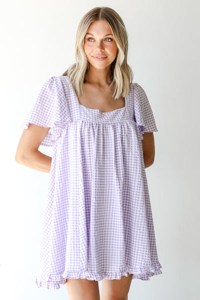 Gingham Mini Dress in lavender on model