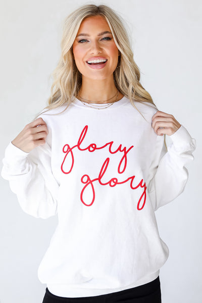 White Glory Glory Script Pullover. Braves Game Day Outfit. Braves Graphic Sweatshirt. 