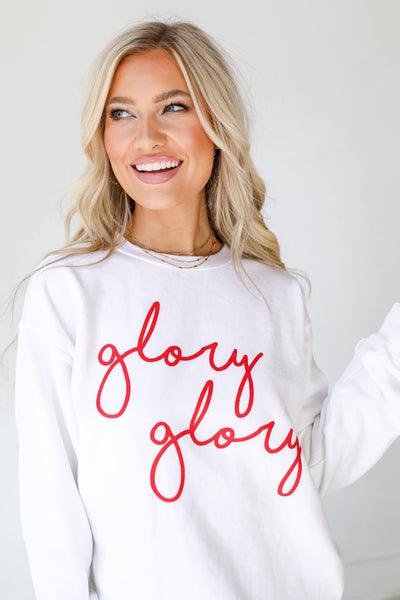 White Glory Glory Script Pullover front view
