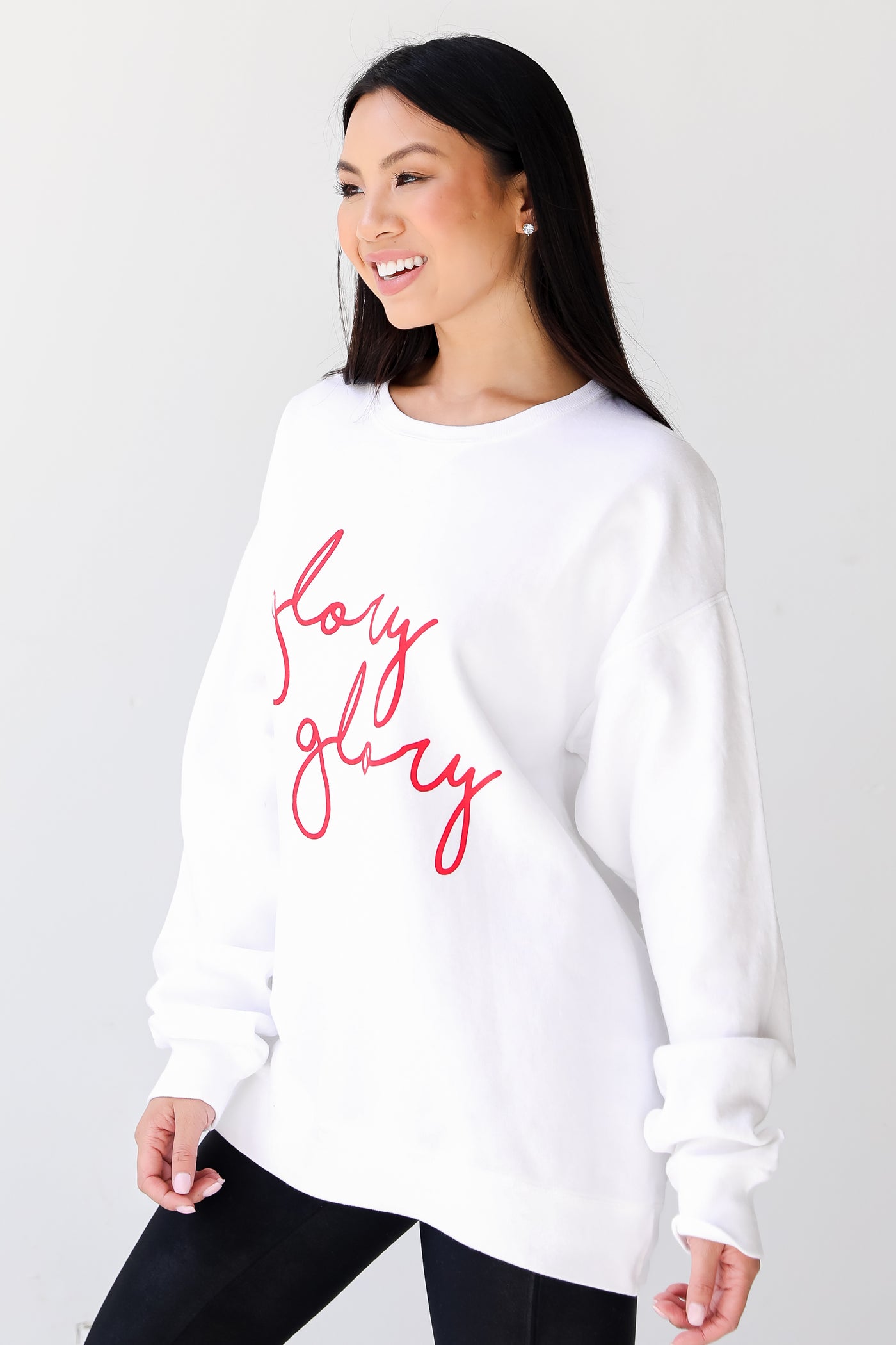 White Glory Glory Script Pullover side view