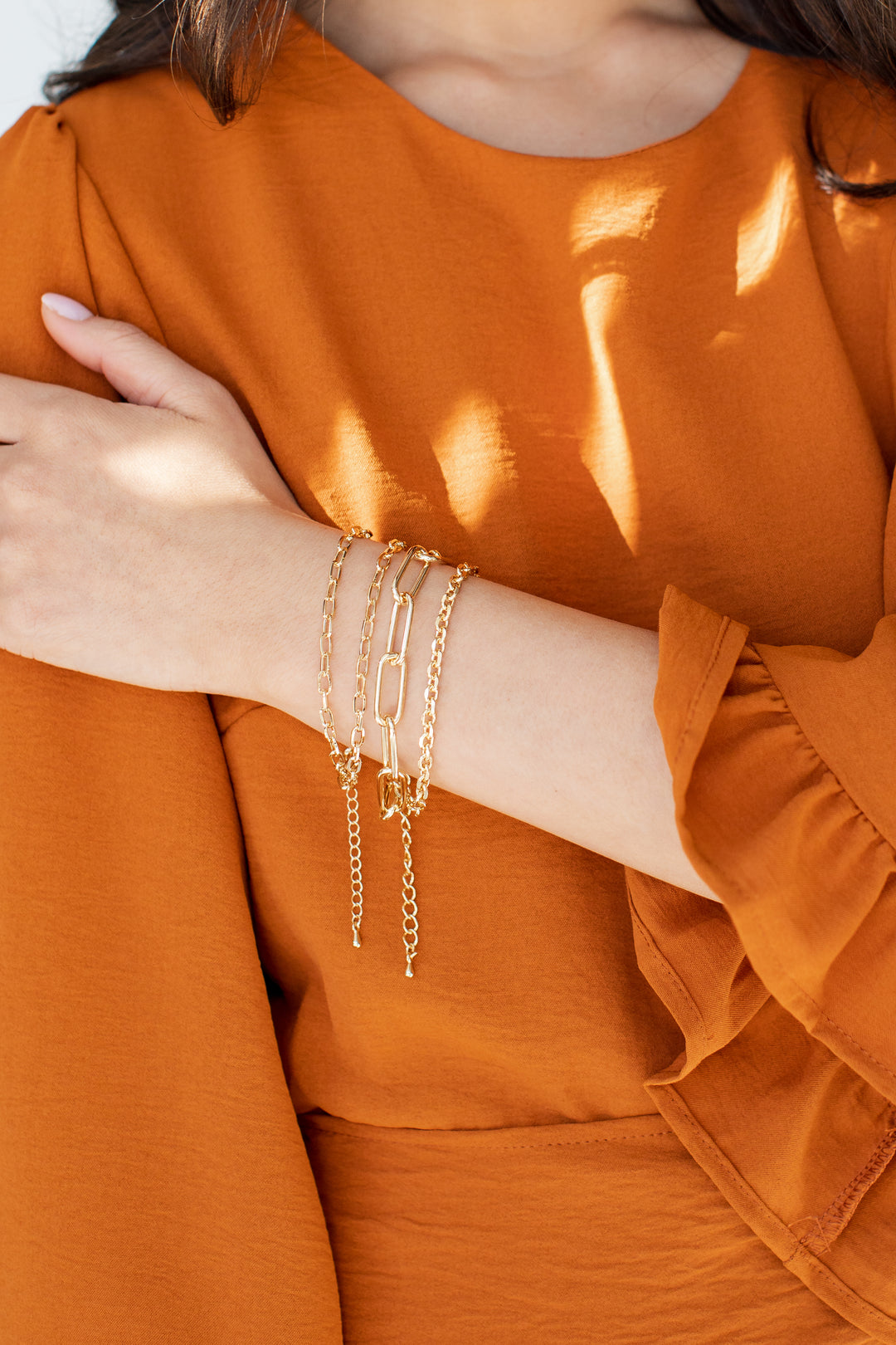 Gold Layered Chain Bracelet on model
