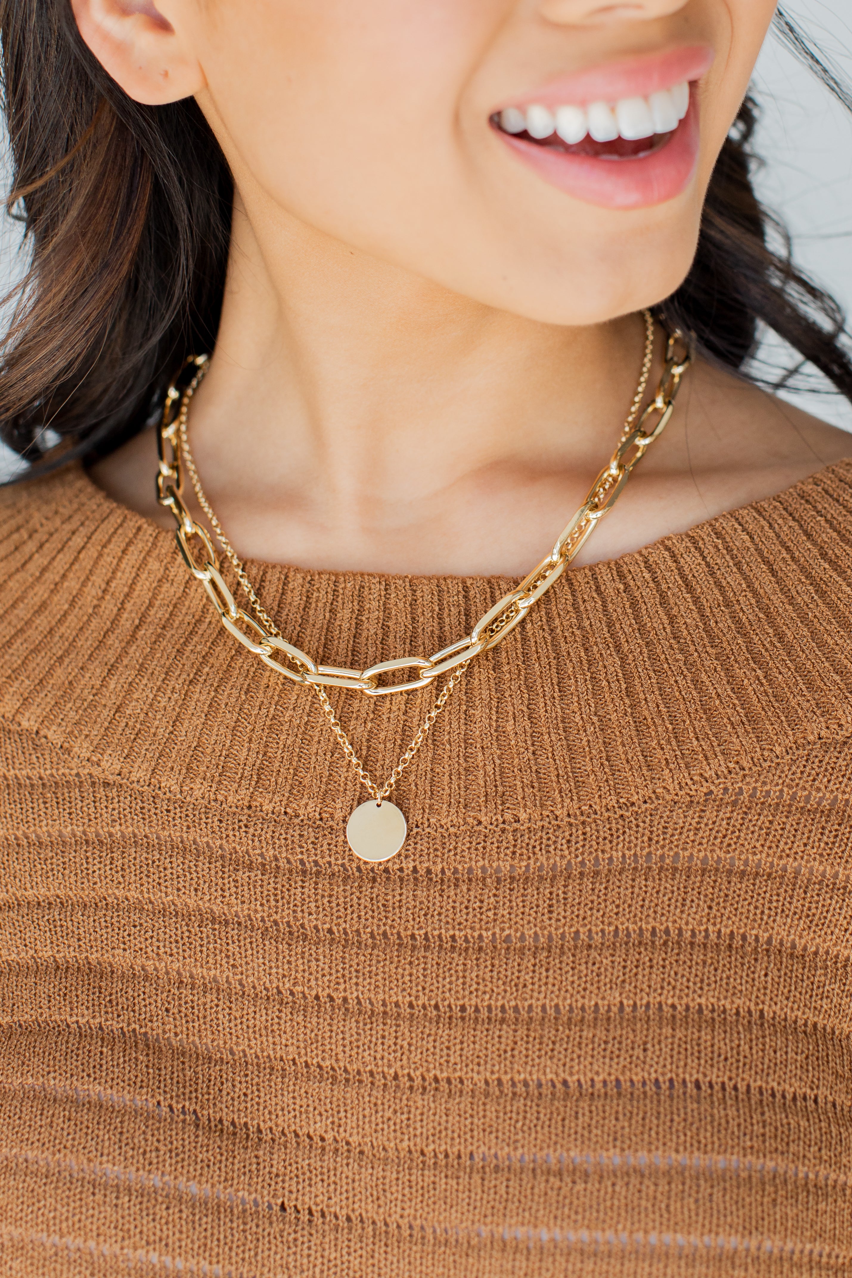 Gold Layered Chain Necklace on model
