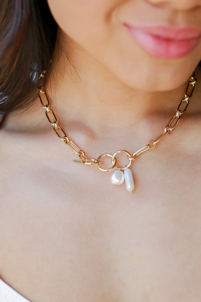 Gold Pearl Necklace on model