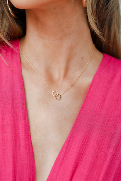 Gold Circle Charm Necklace on model