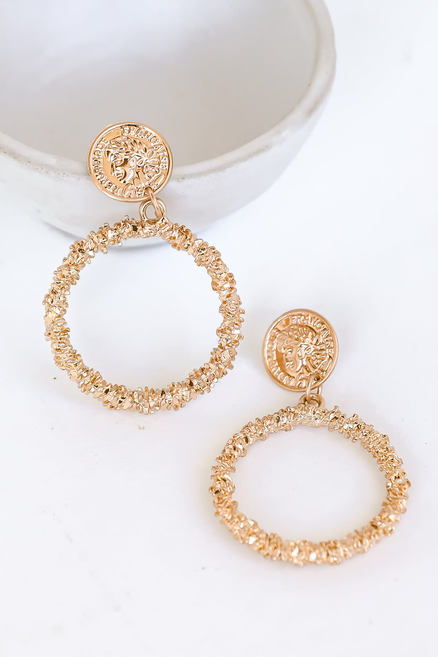 Gold Coin Drop Earrings close up