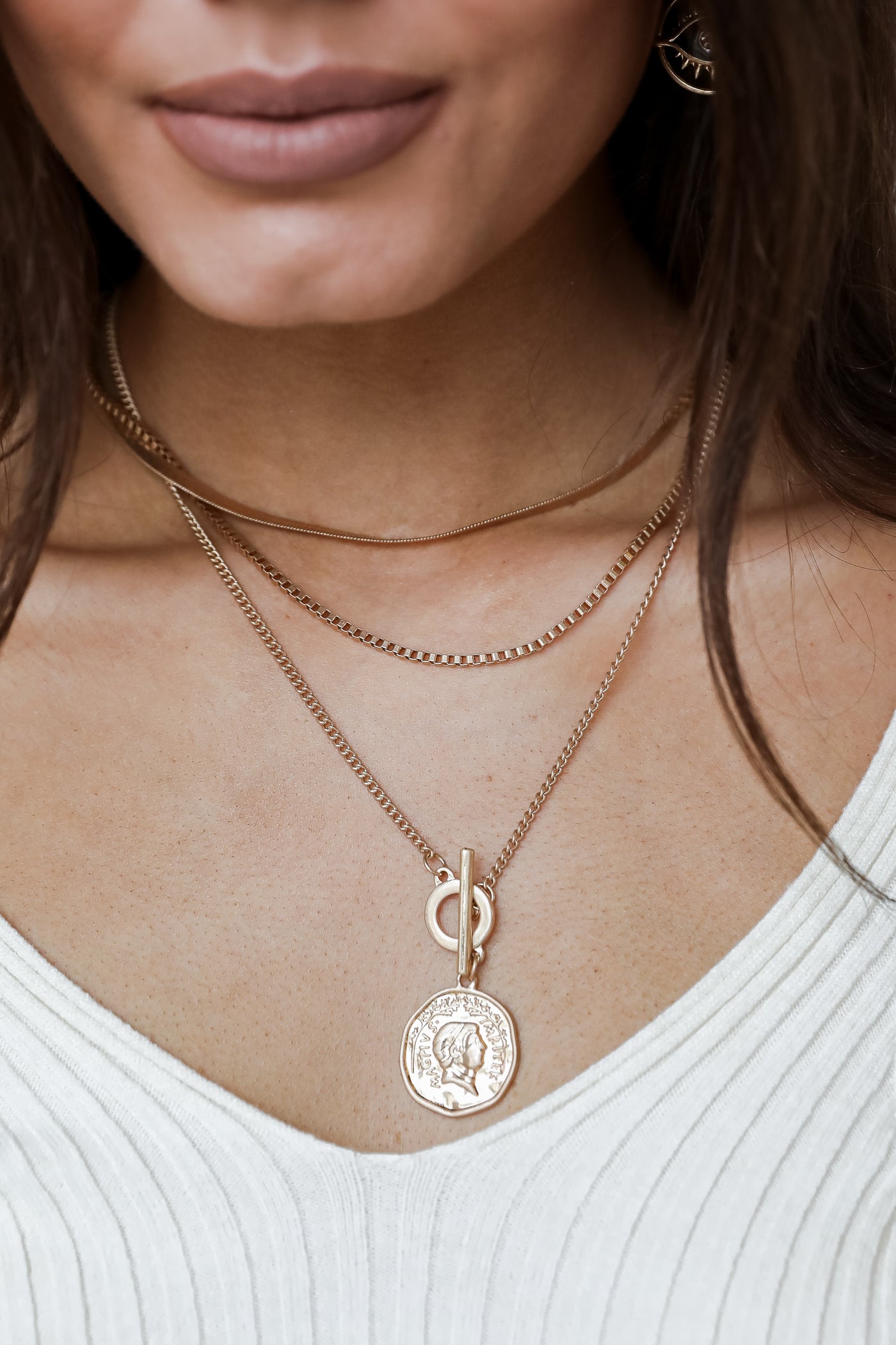 Gold Layered Coin Necklace on model