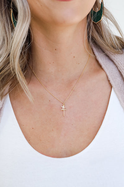 Gold Cross Charm Necklace on model