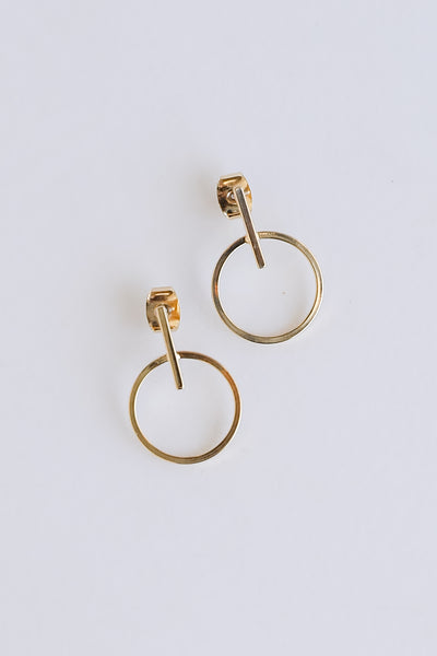 Gold Mini Circle Drop Earrings flat lay
